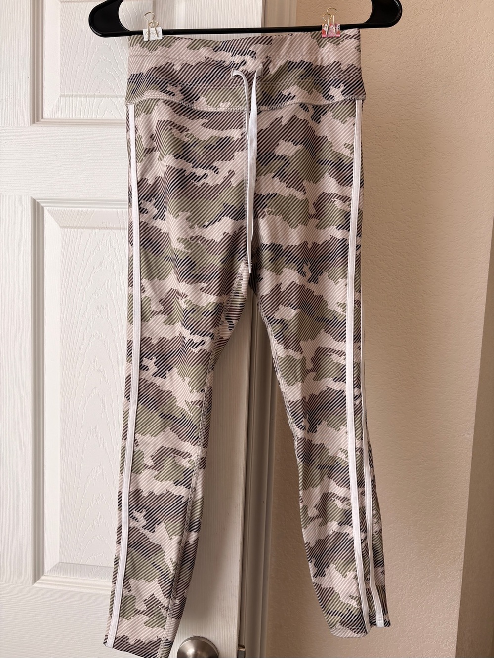 Avia Girls' Green and Beige Camo Leggings with White Side Stripes-Full Length